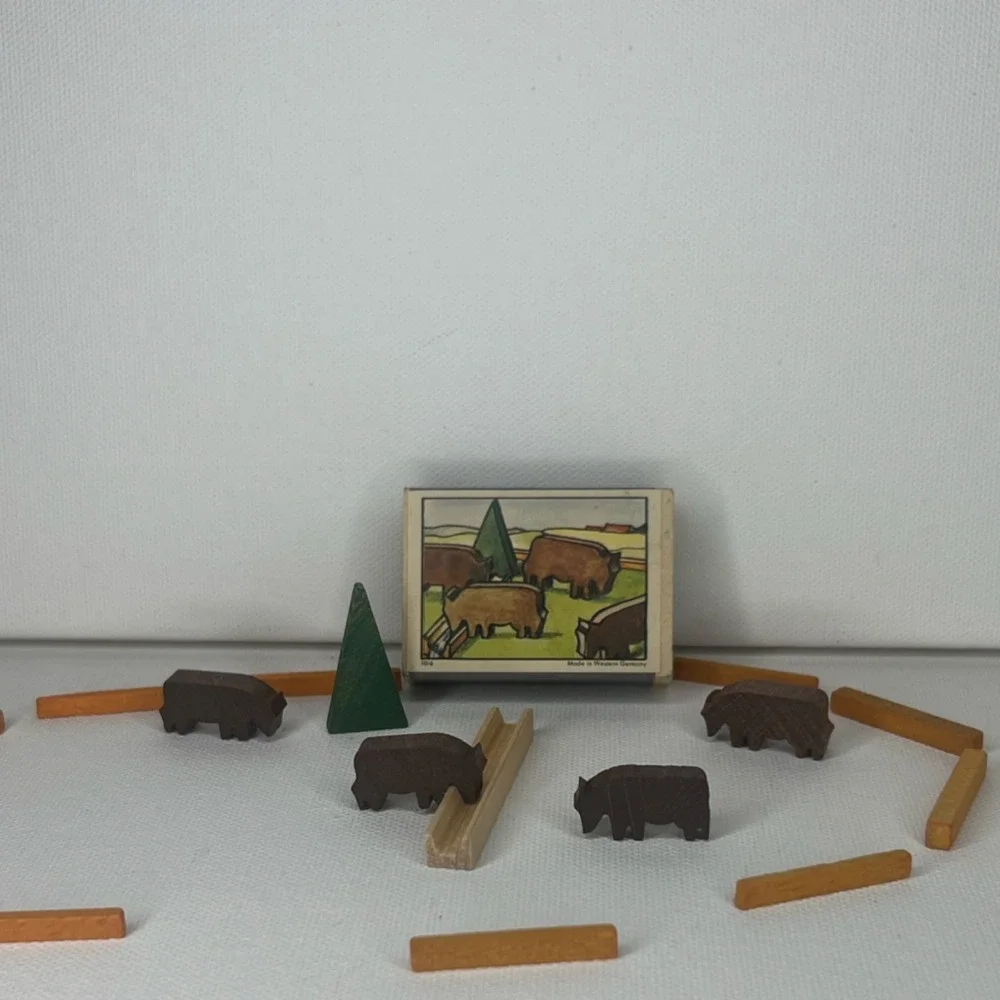 Vintage Wooden Buffalo Play Set w/ 4 Figures, Fence & Tree, Made Western Germany